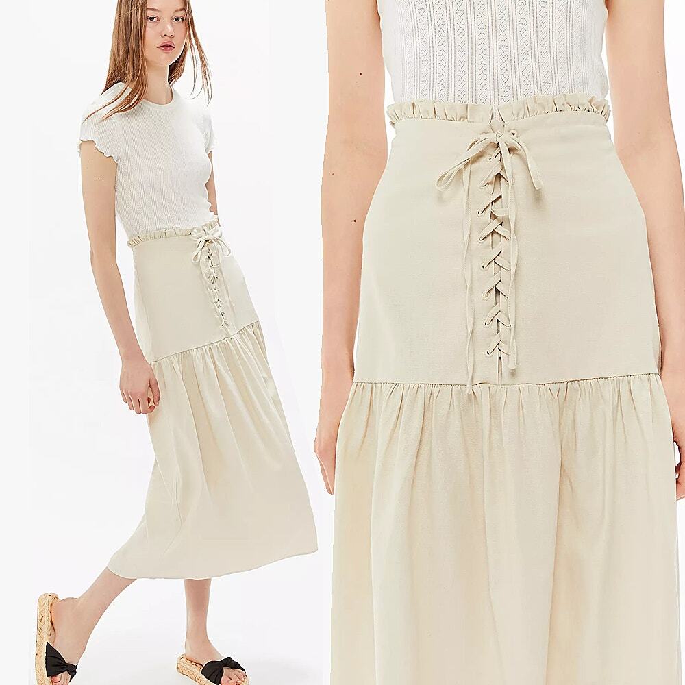 Urban Outfitters Polly Linen Lace-Up Midi Skirt - Ivory - XS - NWT